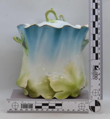 Handpainted porcelain 7" cracker jar, leaf-shaped mold - 7