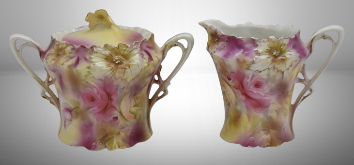 R.S. Prussia Carnation Mold creamer and sugar set, soft yellow and pink roses, red mark