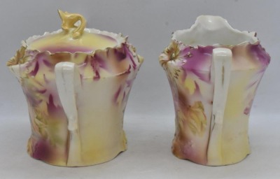 R.S. Prussia Carnation Mold creamer and sugar set, soft yellow and pink roses, red mark - 2