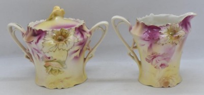 R.S. Prussia Carnation Mold creamer and sugar set, soft yellow and pink roses, red mark - 3