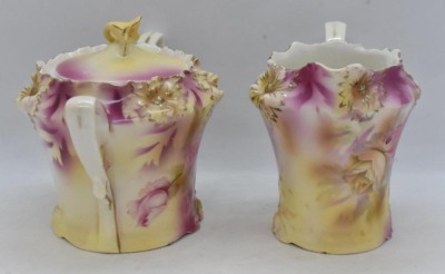 R.S. Prussia Carnation Mold creamer and sugar set, soft yellow and pink roses, red mark - 4