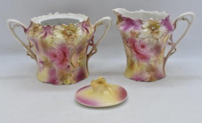 R.S. Prussia Carnation Mold creamer and sugar set, soft yellow and pink roses, red mark - 7