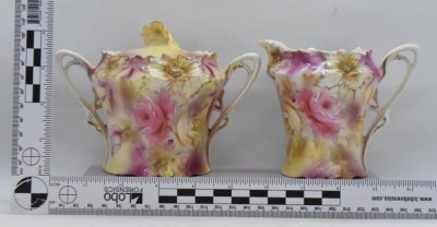 R.S. Prussia Carnation Mold creamer and sugar set, soft yellow and pink roses, red mark - 8