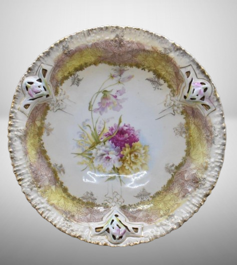 R.S. Prussia 10"d bowl, Chrysanthemums, unusual border design/ coloring and pierced work, circle mold mark