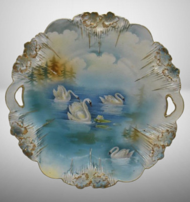 R.S. Prussia Icicle Mold 9.5" cake plate, Swans on Lake, red mark