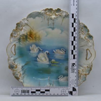 R.S. Prussia Icicle Mold 9.5" cake plate, Swans on Lake, red mark - 7