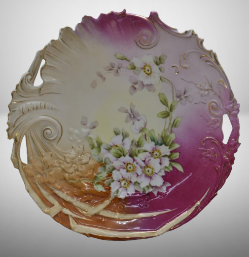 R.S. Prussia 12"d charger, white open blossoms, circle mold mark