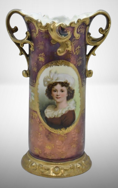 Mrkd. Royal Vienna Germany 9" vase featuring LeBrun II portrait, Tiffany irid. finish