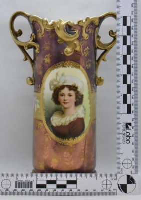 Mrkd. Royal Vienna Germany 9" vase featuring LeBrun II portrait, Tiffany irid. finish - 9