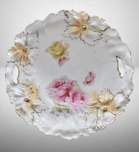 R.S. Prussia Carnation Mold 9.25"d cake plate, pink roses, circle mold mark