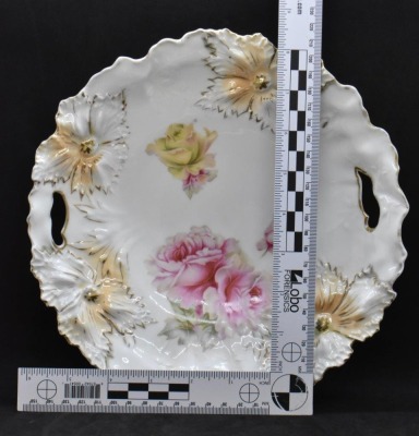 R.S. Prussia Carnation Mold 9.25"d cake plate, pink roses, circle mold mark - 6