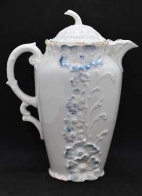 Handpainted porcelain 8"h chocolate pot, embossed flowers w/ blue tint - 3