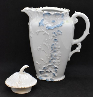 Handpainted porcelain 8"h chocolate pot, embossed flowers w/ blue tint - 5