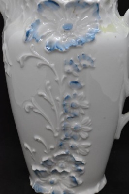 Handpainted porcelain 8"h chocolate pot, embossed flowers w/ blue tint - 6