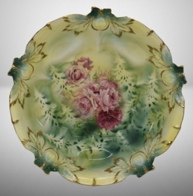 R.S. Prussia Acorn Mold 10.5"d bowl, pink roses, red mark