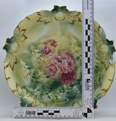 R.S. Prussia Acorn Mold 10.5"d bowl, pink roses, red mark - 6