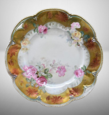 R.S. Prussia Mold 202 9.5"d cake plate, pink and yellow roses, gold irid. border finish, red mark