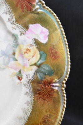 R.S. Prussia Mold 202 9.5"d cake plate, pink and yellow roses, gold irid. border finish, red mark - 3