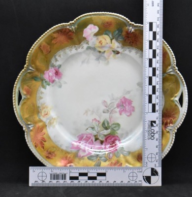 R.S. Prussia Mold 202 9.5"d cake plate, pink and yellow roses, gold irid. border finish, red mark - 6