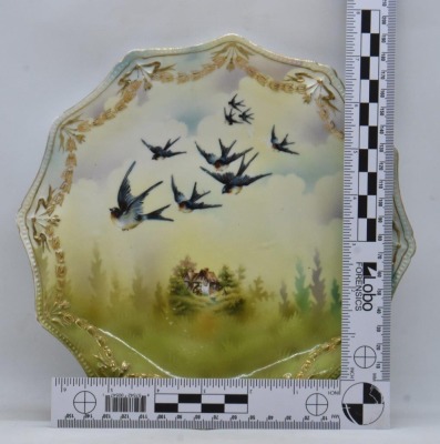 R.S. Prussia Mold 154 8.5"d plate, two scenes: Mill Scene and Swallows, red mark - 7