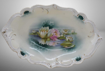 R.S. Prussia Mold 304 bun tray, 13" x 8.5", Reflecting Water Lilies, red mark