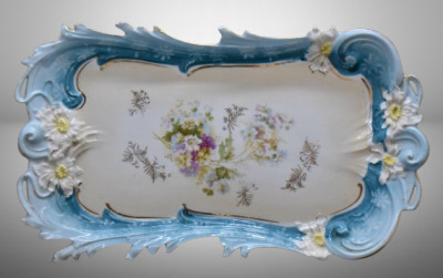 Handpainted porcelain 10.25" x 6" dresser tray, floral design w/ pretty blue scroll border