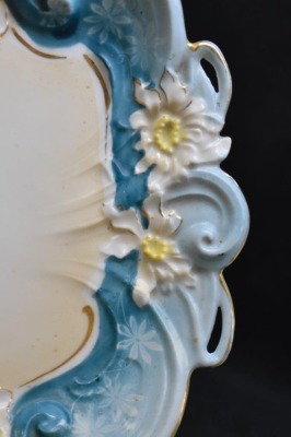 Handpainted porcelain 10.25" x 6" dresser tray, floral design w/ pretty blue scroll border - 3