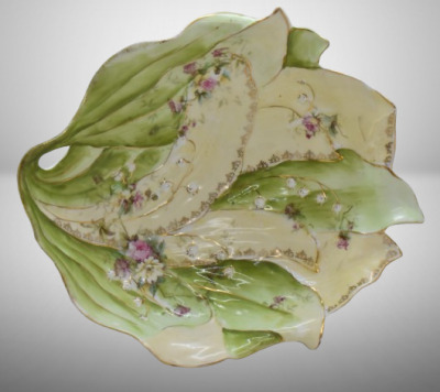 Handpainted porcelain leaf-shaped bowl, 10" x 9", pink roses and Lilies of the Valley