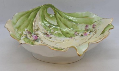 Handpainted porcelain leaf-shaped bowl, 10" x 9", pink roses and Lilies of the Valley - 3