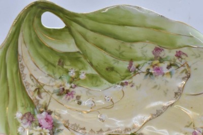 Handpainted porcelain leaf-shaped bowl, 10" x 9", pink roses and Lilies of the Valley - 4