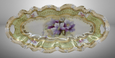 R.S. Prussia Stippled Floral Mold 12" x 6" relish, lilac clematis, bar mold mark