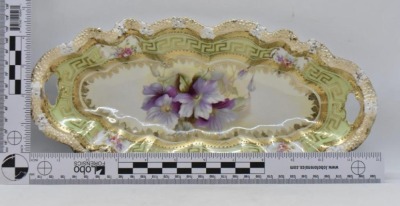 R.S. Prussia Stippled Floral Mold 12" x 6" relish, lilac clematis, bar mold mark - 5