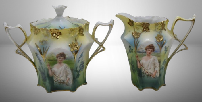 R.S. Prussia Mold 638 creamer and cov. sugar set, Spring Season portrait, red mark