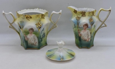 R.S. Prussia Mold 638 creamer and cov. sugar set, Spring Season portrait, red mark - 7