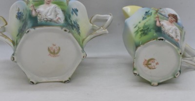 R.S. Prussia Mold 638 creamer and cov. sugar set, Spring Season portrait, red mark - 8