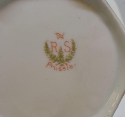 R.S. Prussia Mold 638 creamer and cov. sugar set, Spring Season portrait, red mark - 10