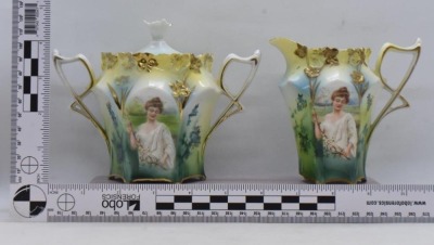 R.S. Prussia Mold 638 creamer and cov. sugar set, Spring Season portrait, red mark - 12