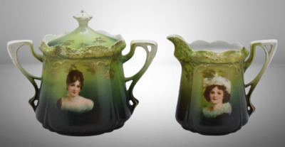 R.S. Prussia Stippled Floral Mold portrait creamer (LeBrun II) and cov. sugar set (Madame Recamier)