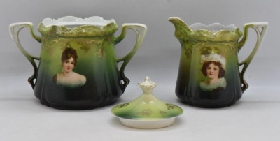 R.S. Prussia Stippled Floral Mold portrait creamer (LeBrun II) and cov. sugar set (Madame Recamier) - 5