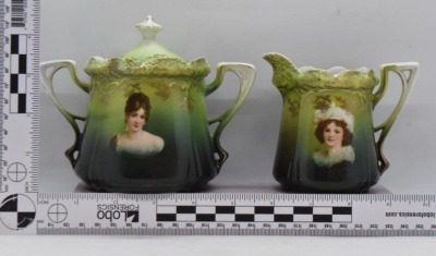 R.S. Prussia Stippled Floral Mold portrait creamer (LeBrun II) and cov. sugar set (Madame Recamier) - 10