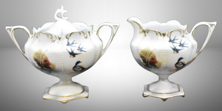 R.S. Prussia Mold 602 creamer and cov. sugar set, Swallows and Duck/ evergreens, red mark