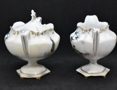 R.S. Prussia Mold 602 creamer and cov. sugar set, Swallows and Duck/ evergreens, red mark - 2