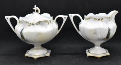 R.S. Prussia Mold 602 creamer and cov. sugar set, Swallows and Duck/ evergreens, red mark - 3