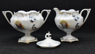 R.S. Prussia Mold 602 creamer and cov. sugar set, Swallows and Duck/ evergreens, red mark - 5