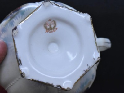 R.S. Prussia Mold 602 creamer and cov. sugar set, Swallows and Duck/ evergreens, red mark - 7