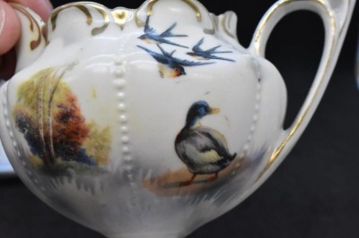 R.S. Prussia Mold 602 creamer and cov. sugar set, Swallows and Duck/ evergreens, red mark - 8