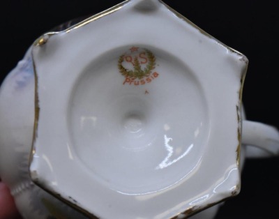 R.S. Prussia Mold 602 creamer and cov. sugar set, Swallows and Duck/ evergreens, red mark - 9