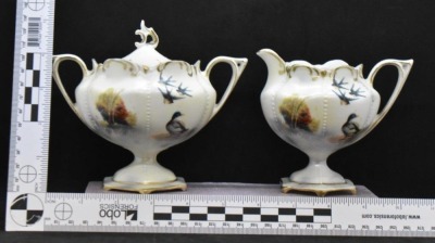 R.S. Prussia Mold 602 creamer and cov. sugar set, Swallows and Duck/ evergreens, red mark - 10