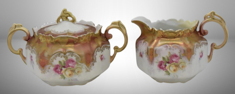 R.S. Prussia Mold 537 creamer and cov. sugar set, pink and yellow roses, red mark