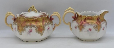 R.S. Prussia Mold 537 creamer and cov. sugar set, pink and yellow roses, red mark - 3